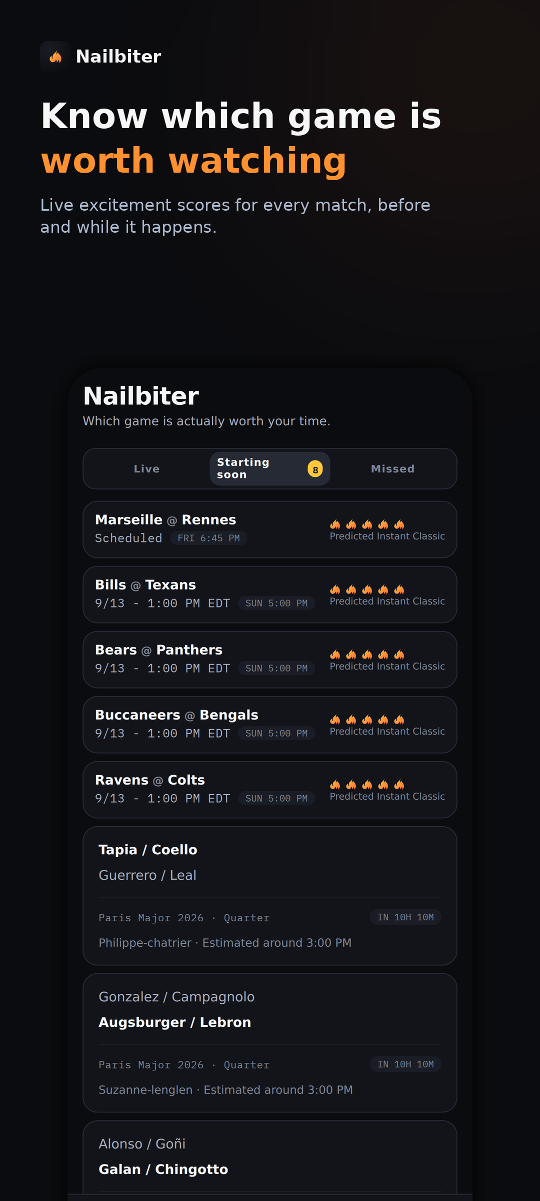 Nailbiter dashboard showing games with flame ratings