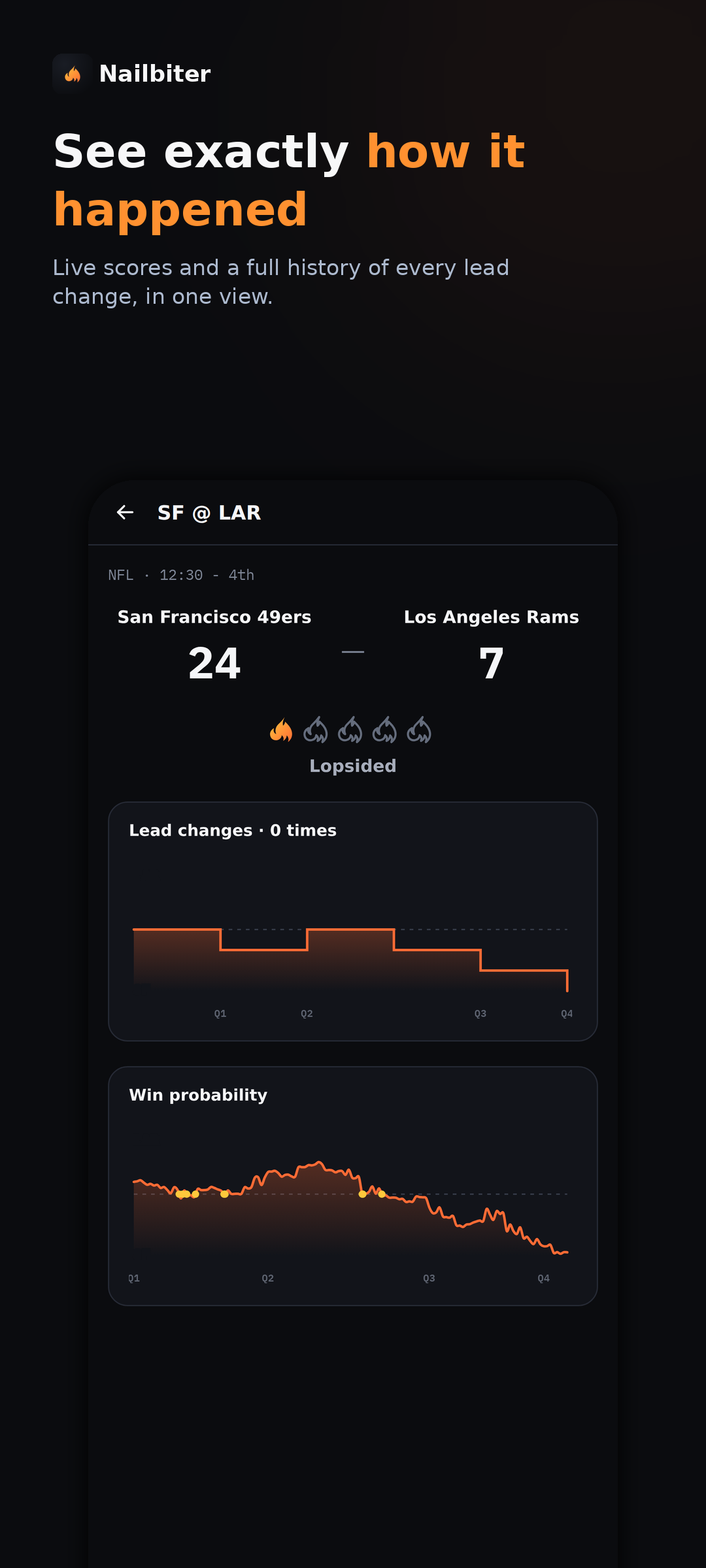 Nailbiter game detail screen with flame rating and game information